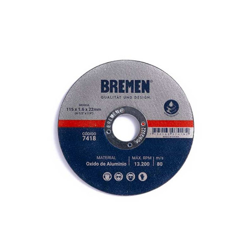 DISCO DE CORTE PLANO. 115X1.6X22.2MM. 4-1/2" OX. ALUM. BREMEN@