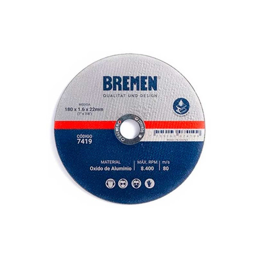 DISCO DE CORTE PLANO. 180 X 1.6 X 22.2 mm. 7". OX. ALUMIN. BREMEN@