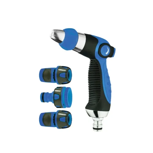 KIT HIDROPISTOLA DE RIEGO AJUSTABLE Y ACOPLES P/ MANGUERA 1/2" ( PREMIUM) VENROL