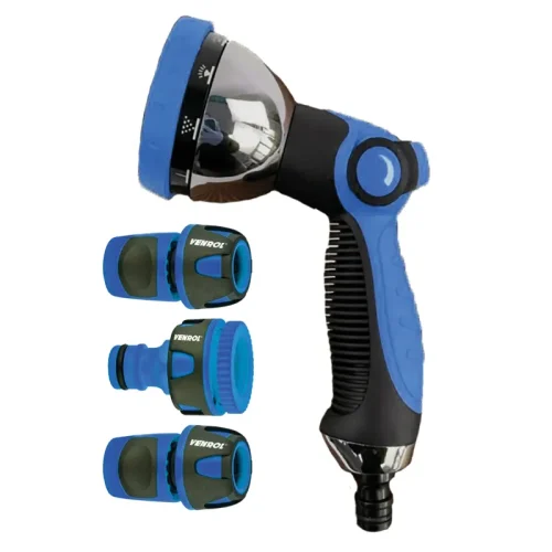 Kit hidropistola de riego 10 posiciones (cuerpo de metal) PREMIUM y acoples para manguera ½’’