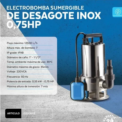 BOMBA SUMERGIBLE INOX DE DESAGOTE 550W 0,75HP - Imagen 2