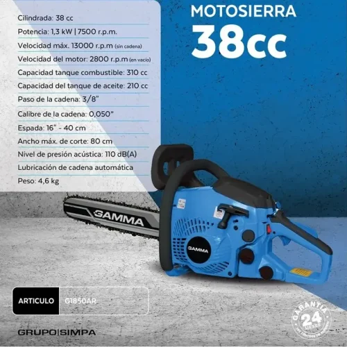 MOTOSIERRA 16" 38CC BASIC LINE ESPADA 40CM 4.6KG - Imagen 4