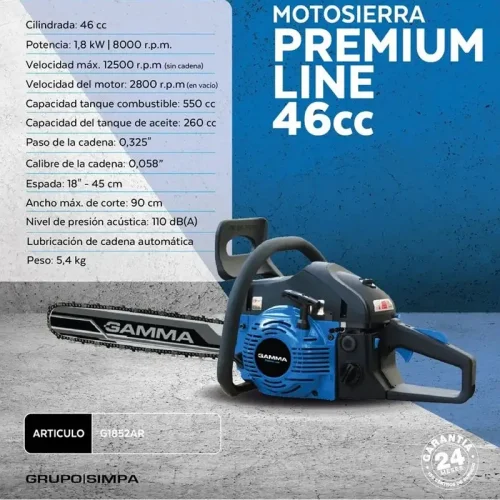 MOTOSIERRA 18″ 46CC PREMIUM LINE ESPADA 45CM 5.4 KG - Imagen 4