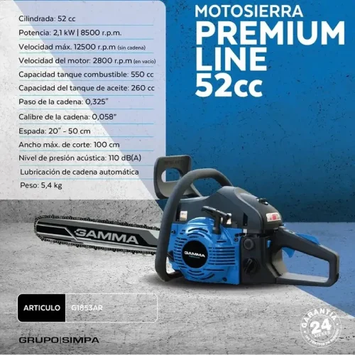 MOTOSIERRA 20" 52CC PREMIUM LINE ESPADA 50CM 5.4 KG - Imagen 4