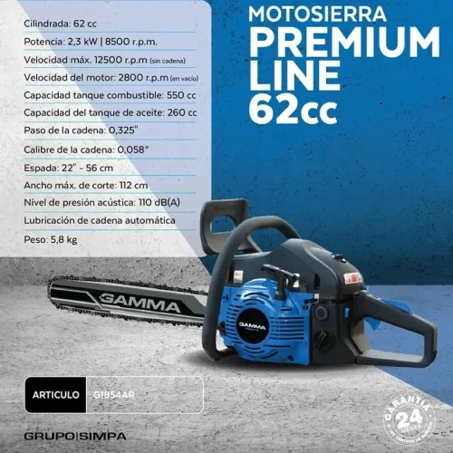 MOTOSIERRA 22" 62CC PREMIUM LINE ESPADA 56CM 5.8 KG - Imagen 4