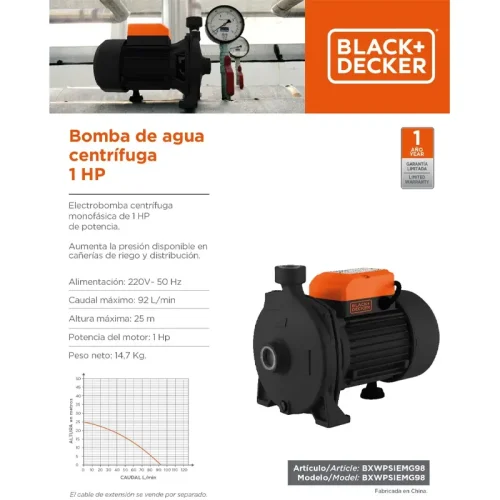 BOMBA CENTRIFUGA 1HP CP100 Q.M92 L/M H.M 25M B+D - Imagen 2