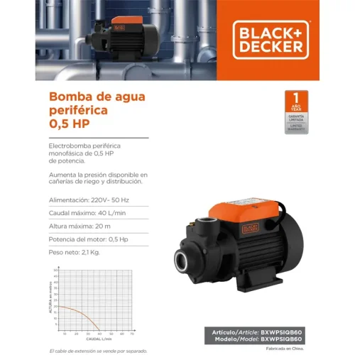 BOMBA PERIFERICA 1/2HP QB60 Q.M40L/M H.M 20M B+D - Imagen 2