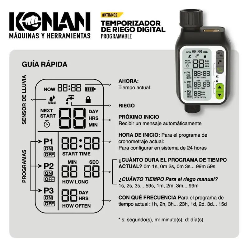 TIMER TEMPORIZADOR RIEG 3/4" Y 1/2" C/SENSOR LLUVIA. KONAN - Imagen 2