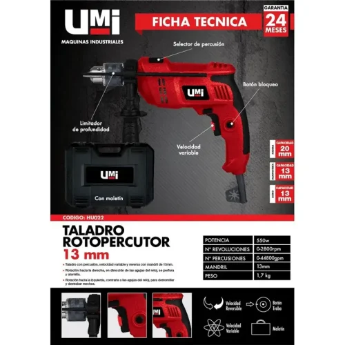TALADRO PERCUTOR 550W 13MM C/MALETIN - Imagen 4