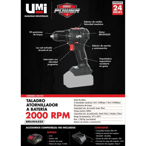 TALADRO ATORNILLADOR 10MM A BATERIA 60NM 2000RPM. UMI - Imagen 4