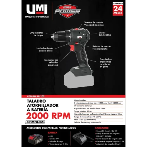 TALADRO ATORNILLADOR 13MM A BATERIA 60NM 2000RPM. UMI - Imagen 6