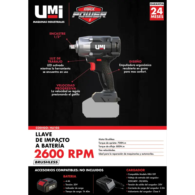 LLAVE DE IMPACTO 13MM A BATERIA ENC.1/2" 700NM 2600RPM. UMI - Imagen 4