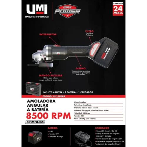 AMOLADORA A BATERIA 8AH (2BAT.+1 CARGADOR 4,0A). UMI - Imagen 4