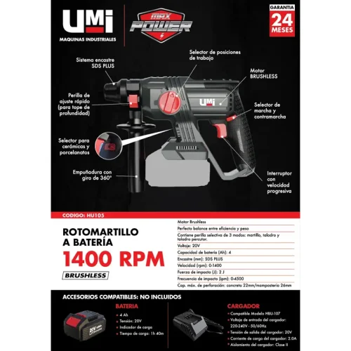 ROTOMARTILLO A BATERÍA 1400RPM SDS PLUS 2J. UMI - Imagen 4