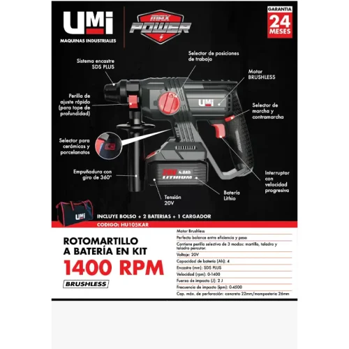 ROTOMARTILLO A BATERÍA 1400RPM SDS PLUS 2J EN KIT - Imagen 5