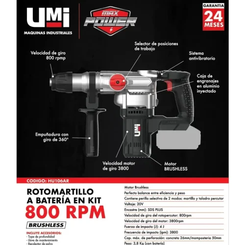 ROTOMARTILLO A BATERÍA 800RPM SDS PLUS 4J. UMI - Imagen 4