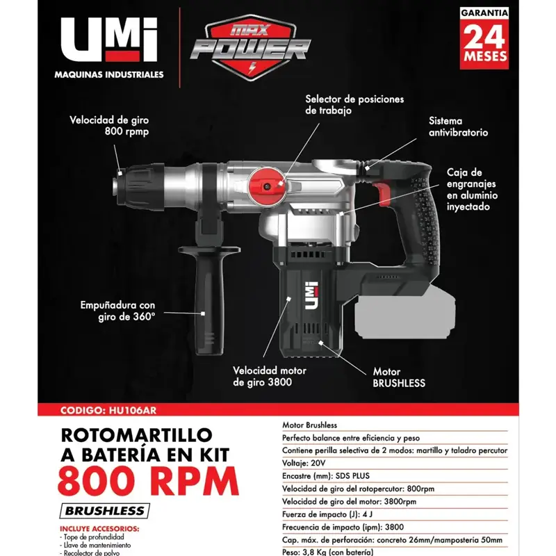 ROTOMARTILLO A BATERÍA 800RPM SDS PLUS 4J. UMI - Imagen 4