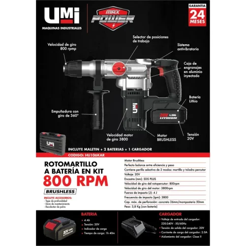 ROTOMARTILLO A BATERÍA 800RPM SDS PLUS 4J EN KIT - Imagen 4
